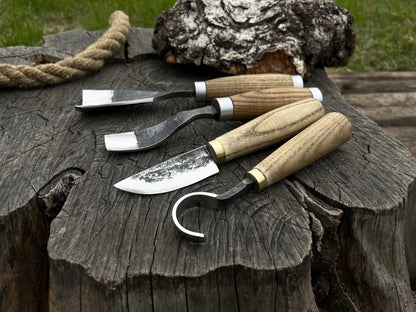 4-piece hand-forged wood carving tool set with ash wood handles and leather storage case