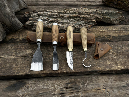 4-piece hand-forged wood carving tool set with ash wood handles and leather storage case