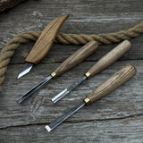 4-piece hand-forged wood carving tool set with ash wood handles and steel blades