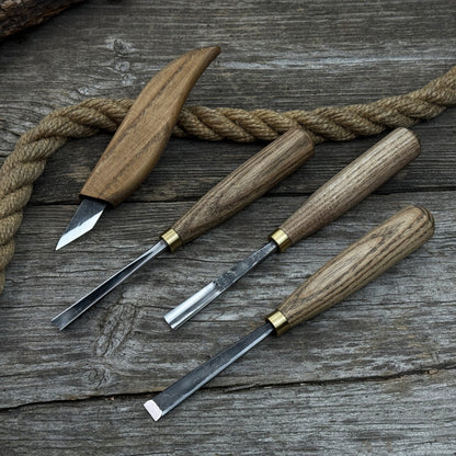 4-piece hand-forged wood carving tool set with ash wood handles and steel blades