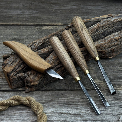 4-piece hand-forged wood carving tool set with ash wood handles and steel blades