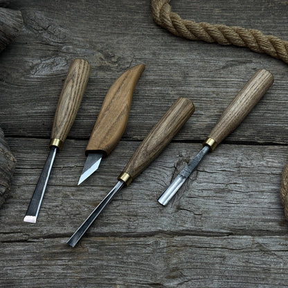 4-piece hand-forged wood carving tool set with ash wood handles and steel blades