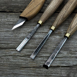 4-piece hand-forged wood carving tool set with ash wood handles and steel blades