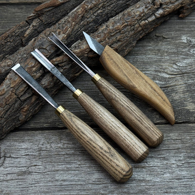 4-piece hand-forged wood carving tool set with ash wood handles and steel blades