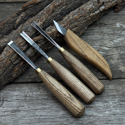 4-piece hand-forged wood carving tool set with ash wood handles and steel blades
