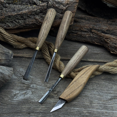 4-piece hand-forged wood carving tool set with ash wood handles and steel blades