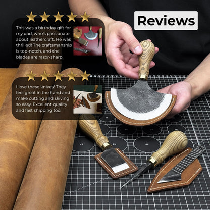 4-piece leather tool set with leather sheaths including half moon knife, skiving knife, kiridashi knife, and awl