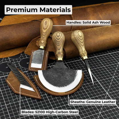 4-piece leather tool set with leather sheaths including half moon knife, skiving knife, kiridashi knife, and awl
