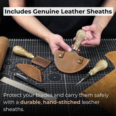 4-piece leather tool set with leather sheaths including half moon knife, skiving knife, kiridashi knife, and awl