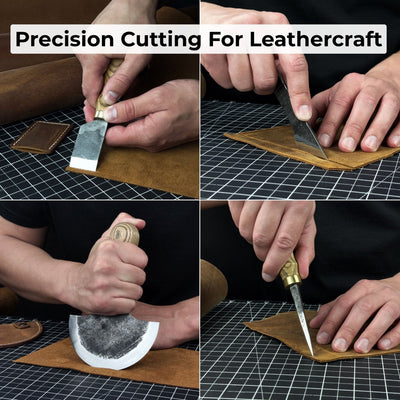 4-piece leather tool set with leather sheaths including half moon knife, skiving knife, kiridashi knife, and awl