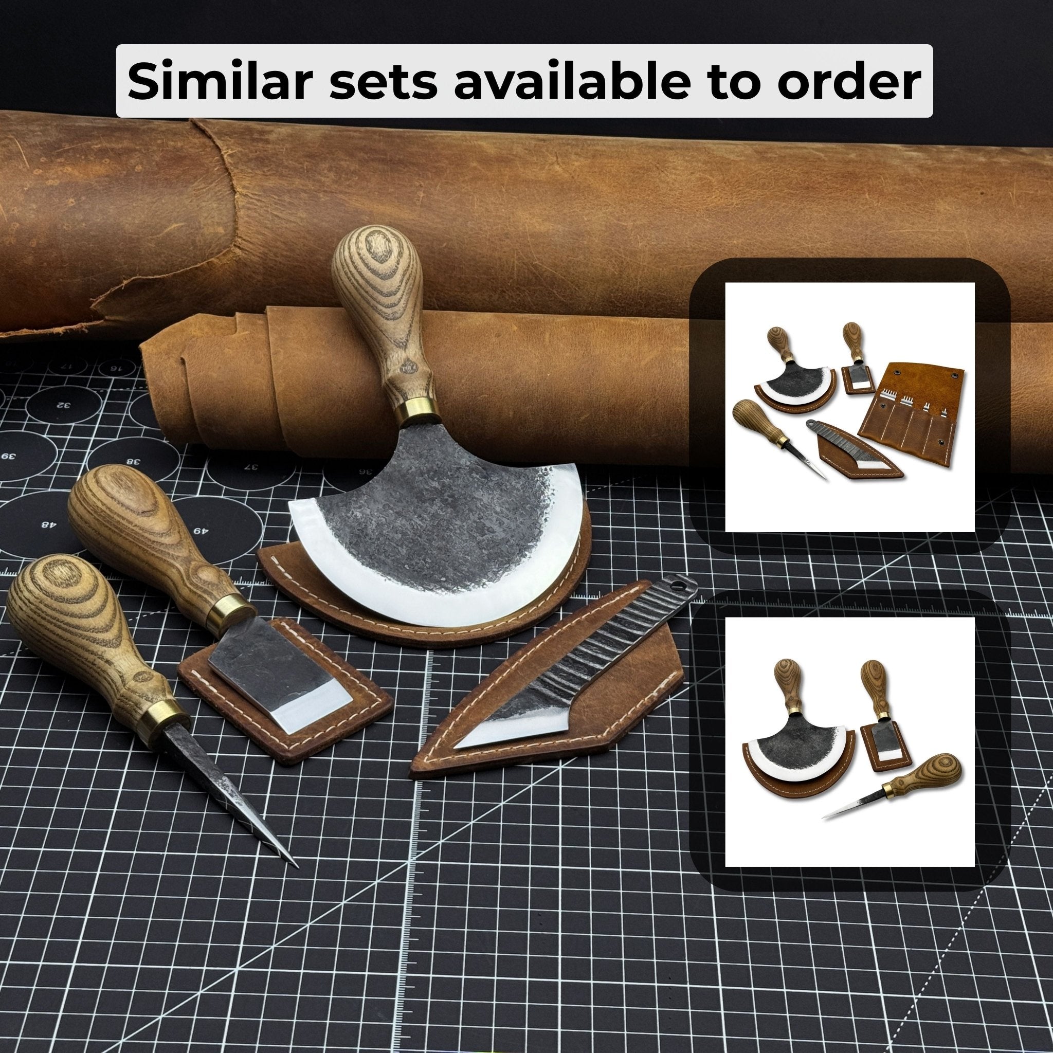 4-piece leather tool set with leather sheaths including half moon knife, skiving knife, kiridashi knife, and awl