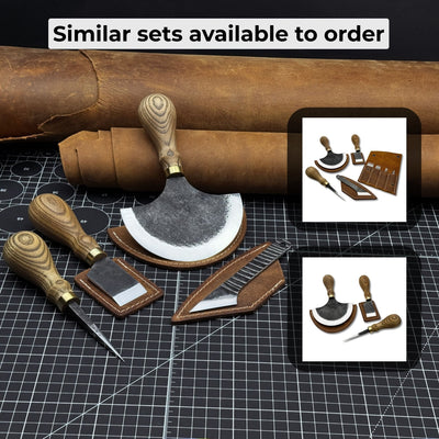 4-piece leather tool set with leather sheaths including half moon knife, skiving knife, kiridashi knife, and awl
