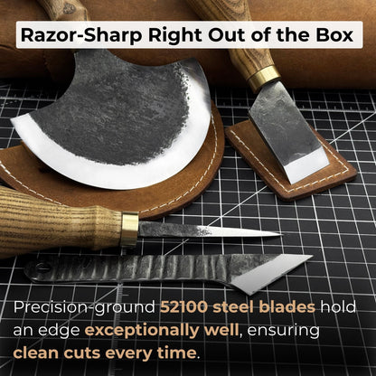 4-piece leather tool set with leather sheaths including half moon knife, skiving knife, kiridashi knife, and awl