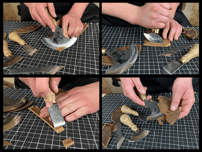 4-piece leatherworking tool set with hand-forged carbon steel blades and ash wood handles