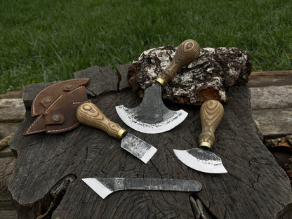 4-piece leatherworking tool set with hand-forged carbon steel blades and ash wood handles