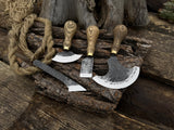 4-piece leatherworking tool set with hand-forged carbon steel blades and ash wood handles