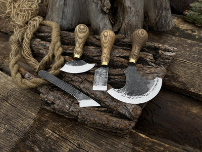 4-piece leatherworking tool set with hand-forged carbon steel blades and ash wood handles