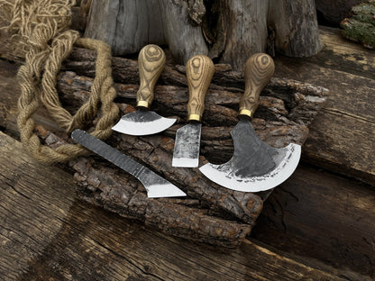 4-piece leatherworking tool set with hand-forged carbon steel blades and ash wood handles