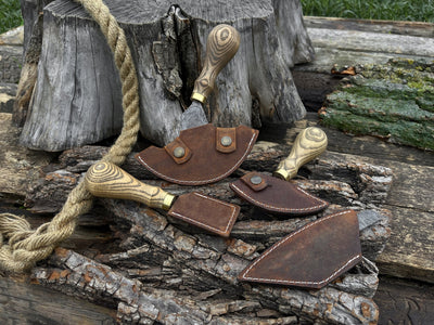 4-piece leatherworking tool set with hand-forged carbon steel blades and ash wood handles