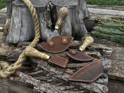 4-piece leatherworking tool set with hand-forged carbon steel blades and ash wood handles