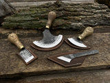 4-piece leatherworking tool set with hand-forged carbon steel blades and ash wood handles