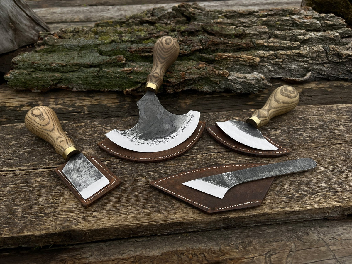 4-piece leatherworking tool set with hand-forged carbon steel blades and ash wood handles