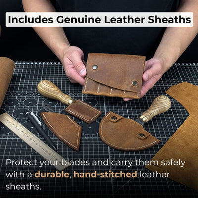 4-piece leatherworking tool set with leather sheaths by Sharky Forged Steel Tools