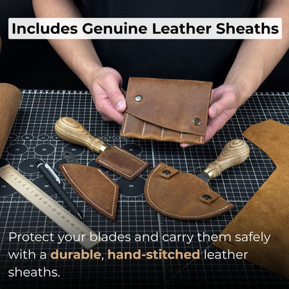 4-piece leatherworking tool set with leather sheaths by Sharky Forged Steel Tools