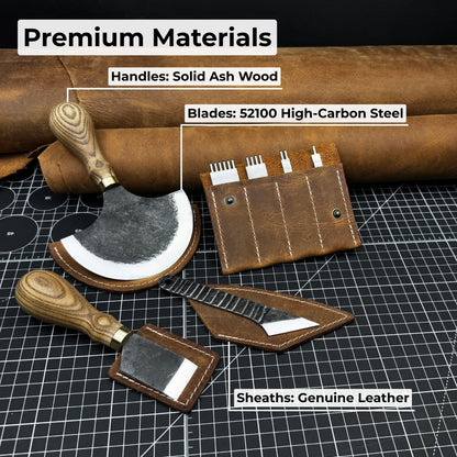 4-piece leatherworking tool set with leather sheaths by Sharky Forged Steel Tools