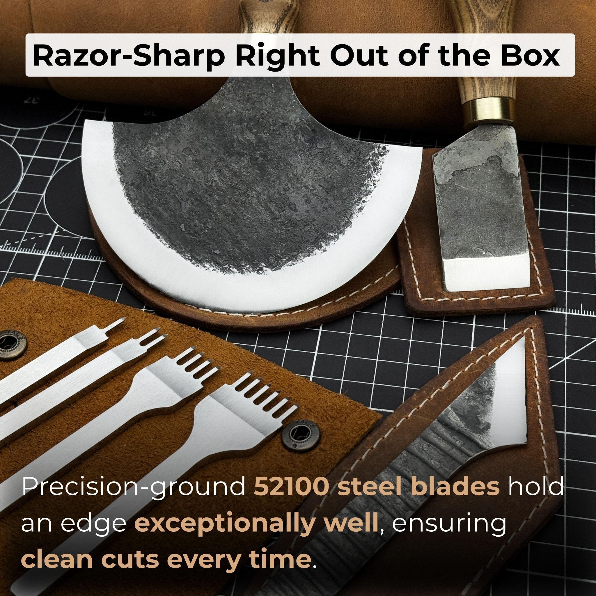 4-piece leatherworking tool set with leather sheaths by Sharky Forged Steel Tools