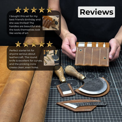 4-piece leatherworking tool set with leather sheaths by Sharky Forged Steel Tools