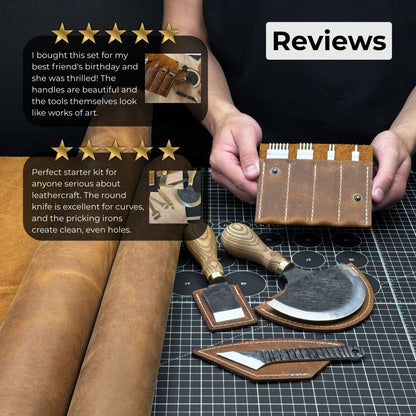 4-piece leatherworking tool set with leather sheaths by Sharky Forged Steel Tools