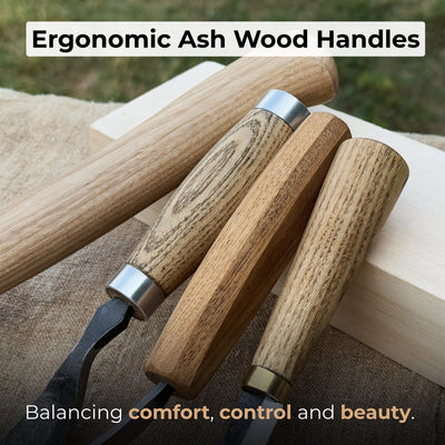 4-Piece Spoon Carving Tool Set with carving axe, sloyd knife, hook knife, bent gouge, and leather roll