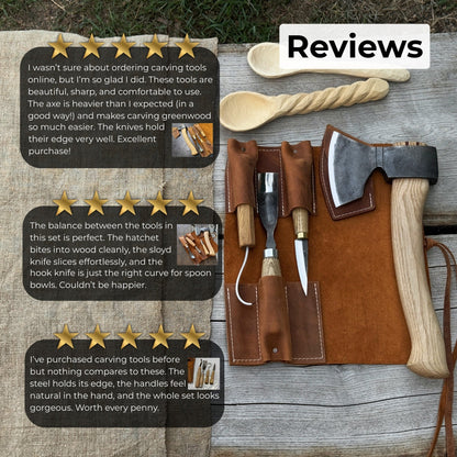 4-Piece Spoon Carving Tool Set with carving axe, sloyd knife, hook knife, bent gouge, and leather roll