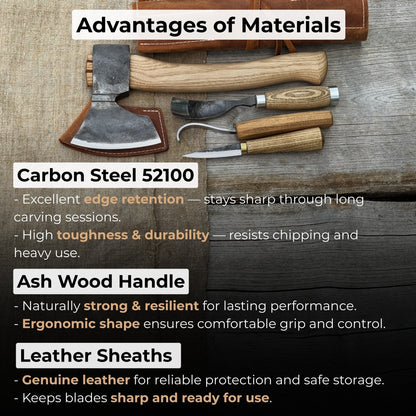 4-Piece Spoon Carving Tool Set with carving axe, sloyd knife, hook knife, bent gouge, and leather roll