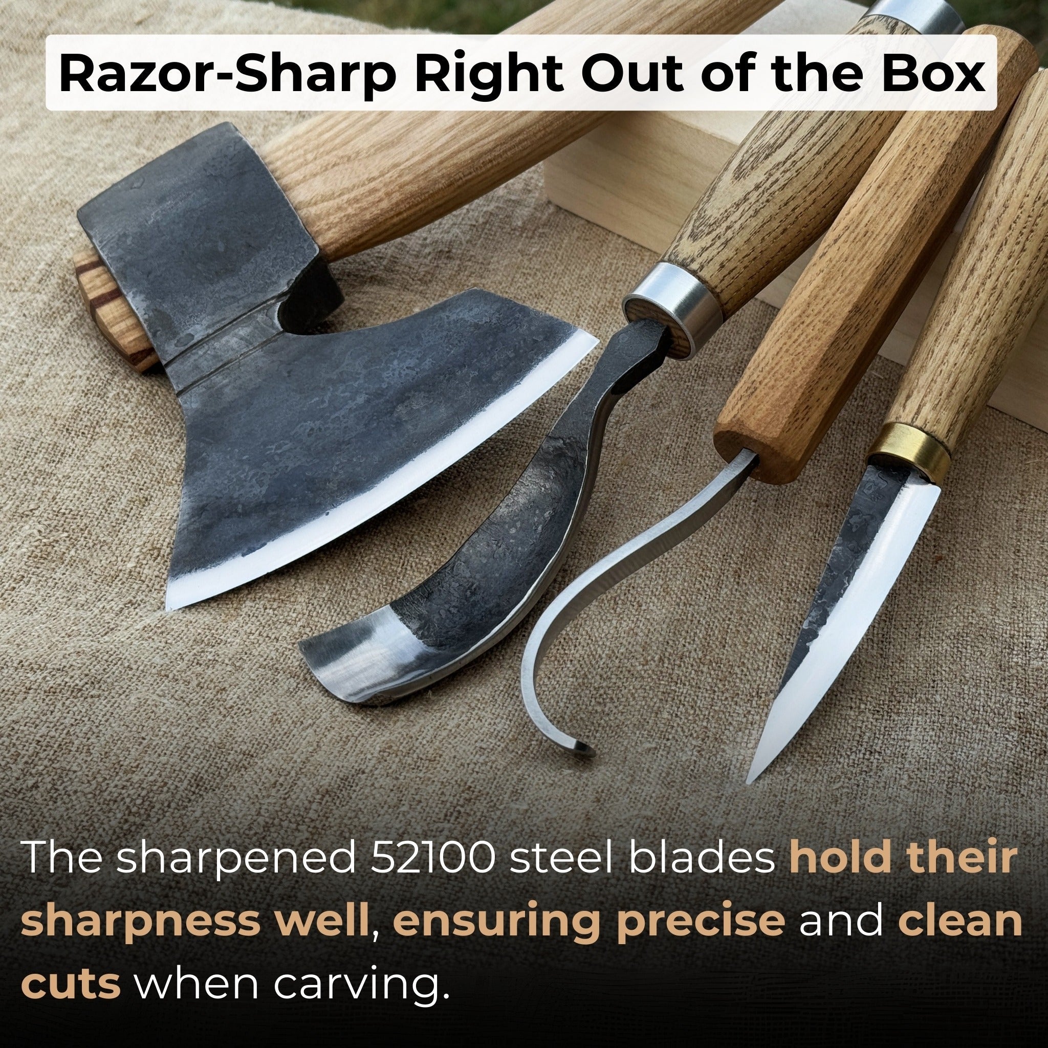4-Piece Spoon Carving Tool Set with carving axe, sloyd knife, hook knife, bent gouge, and leather roll