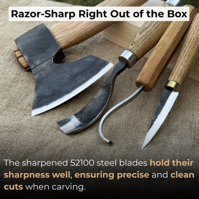 4-Piece Spoon Carving Tool Set with carving axe, sloyd knife, hook knife, bent gouge, and leather roll