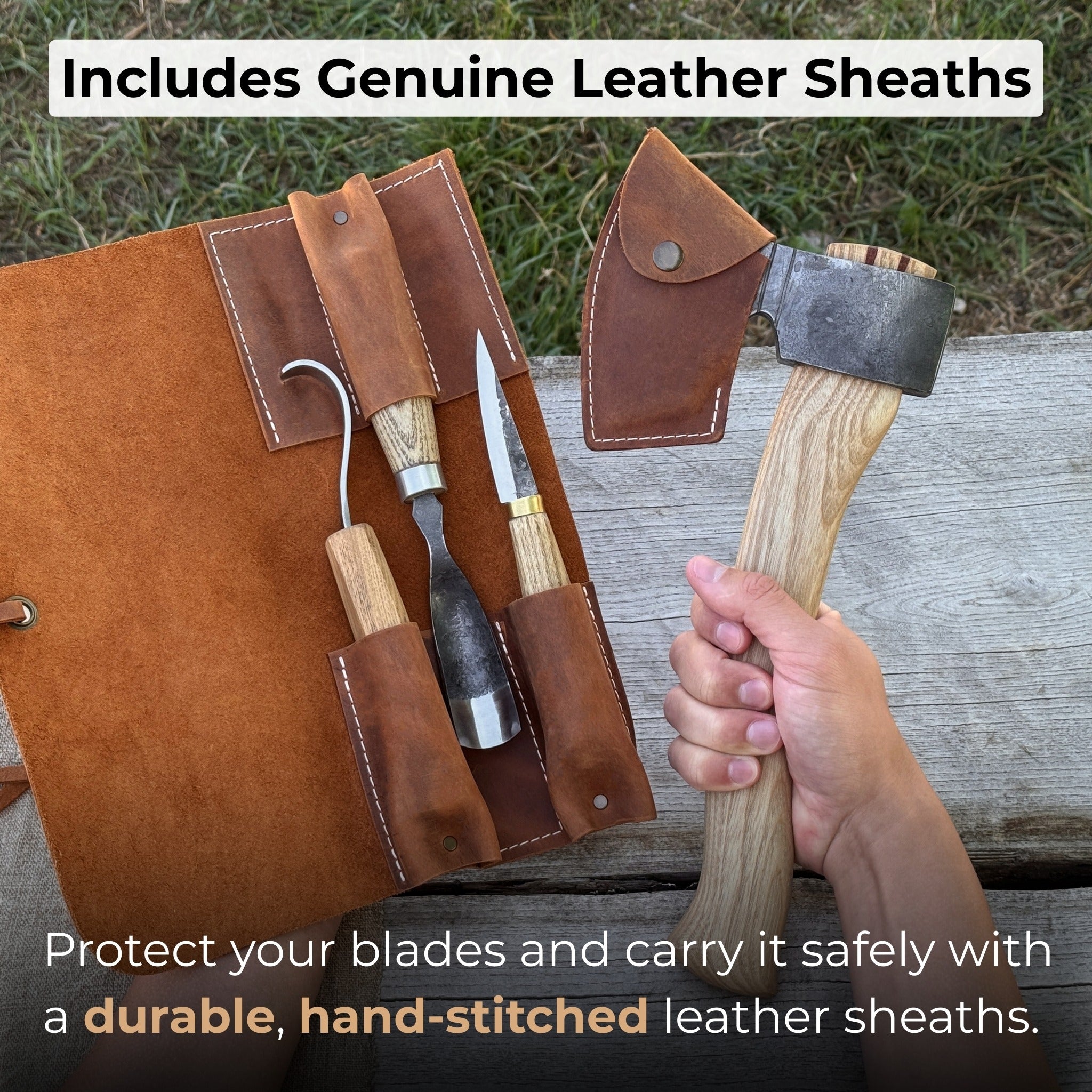 4-Piece Spoon Carving Tool Set with carving axe, sloyd knife, hook knife, bent gouge, and leather roll