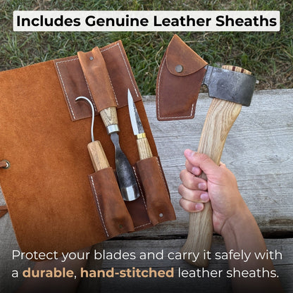 4-Piece Spoon Carving Tool Set with carving axe, sloyd knife, hook knife, bent gouge, and leather roll