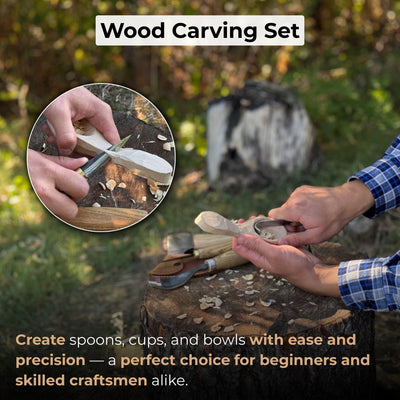 4-Piece Spoon Carving Tool Set with carving axe, sloyd knife, hook knife, bent gouge, and leather roll