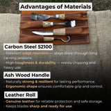 4-piece spoon carving tool set with leather roll by Sharky Forged Steel Tools