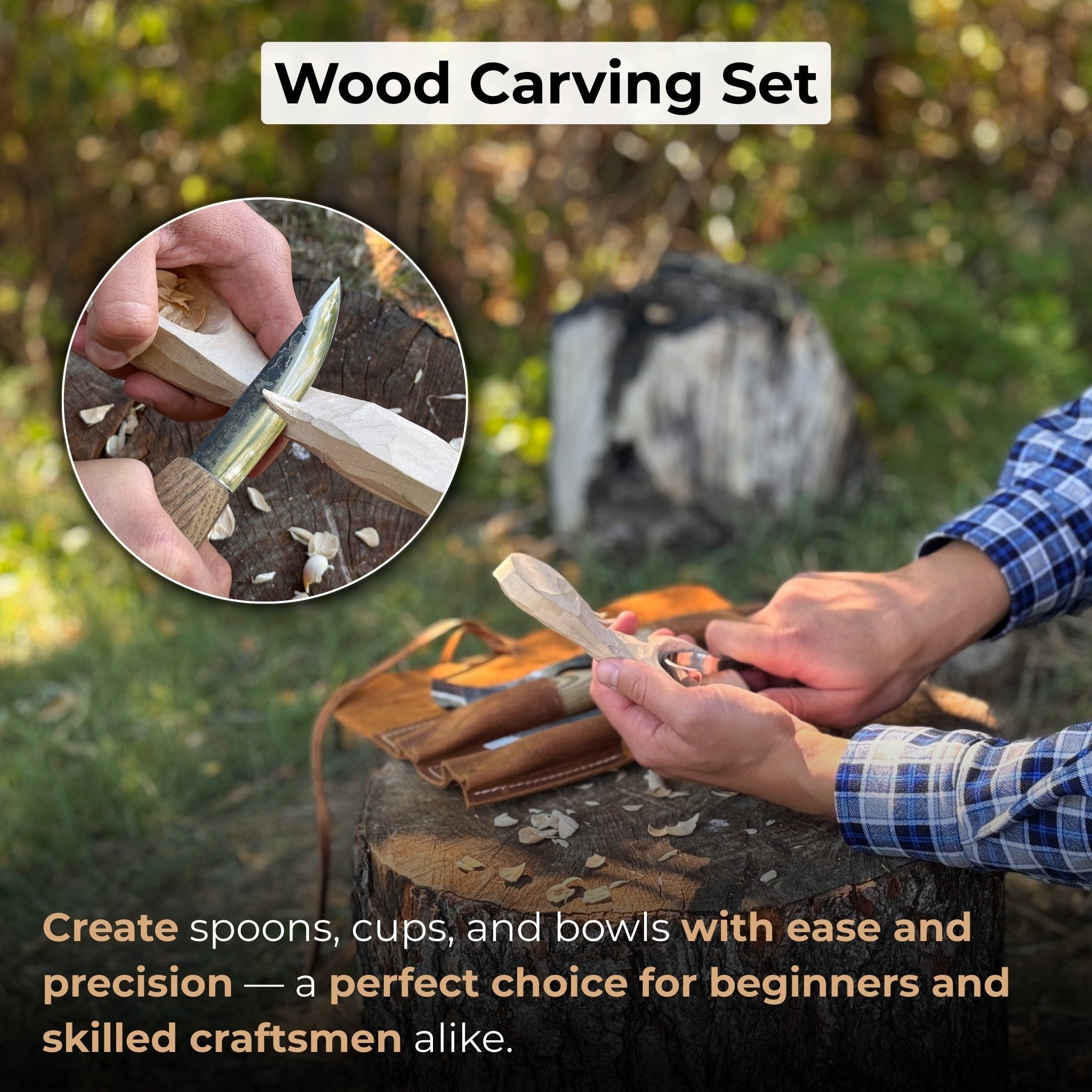 4-piece spoon carving tool set with leather roll by Sharky Forged Steel Tools