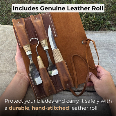 4-piece spoon carving tool set with leather roll by Sharky Forged Steel Tools