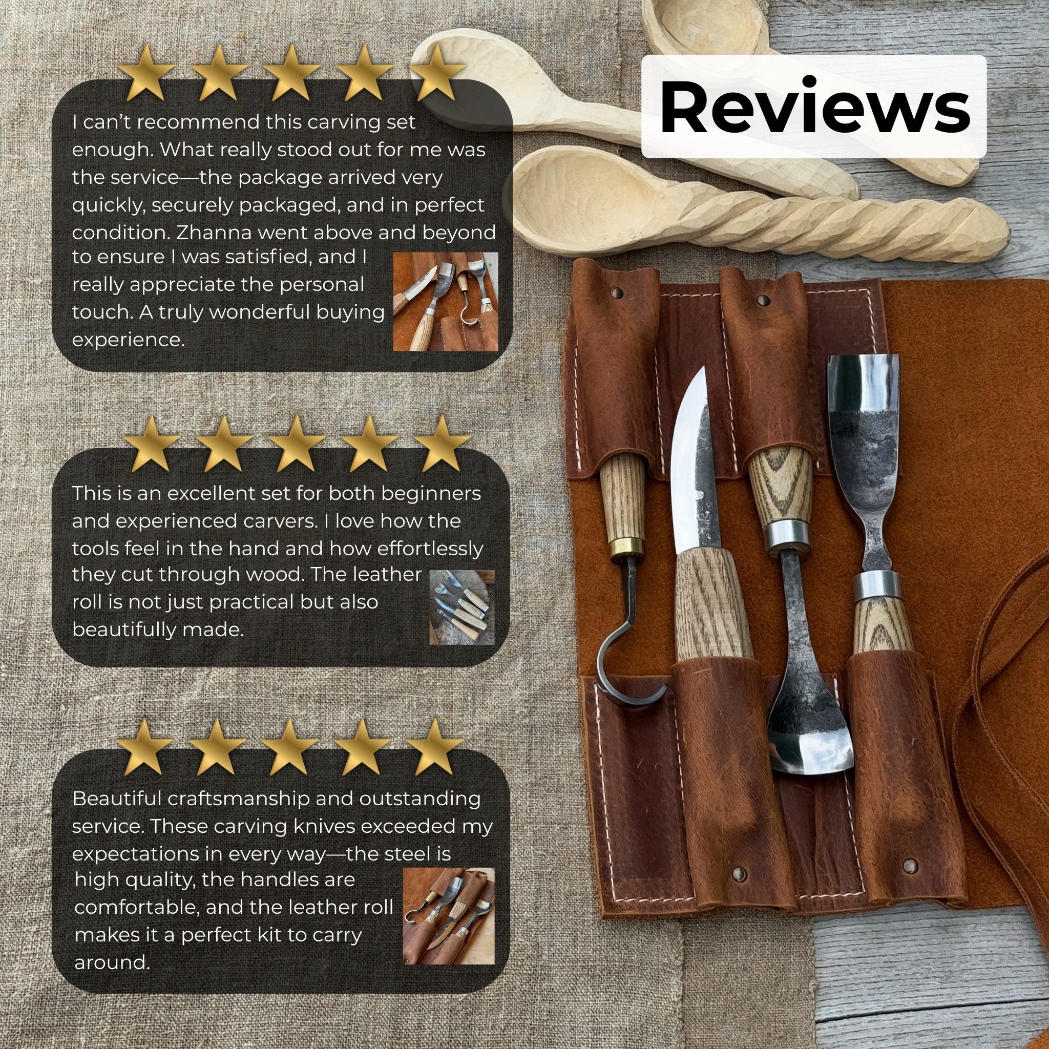 4-piece spoon carving tool set with leather roll by Sharky Forged Steel Tools