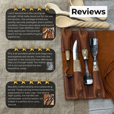 4-piece spoon carving tool set with leather roll by Sharky Forged Steel Tools