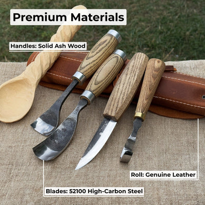 4-piece spoon carving tool set with leather roll by Sharky Forged Steel Tools