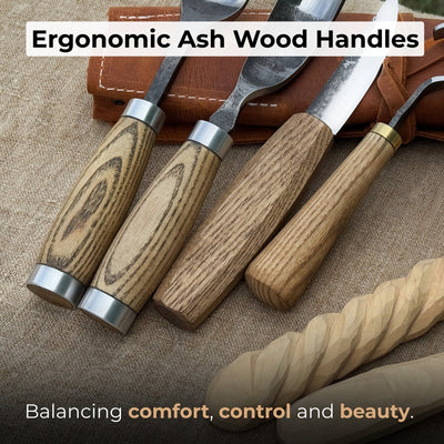 4-piece spoon carving tool set with leather roll by Sharky Forged Steel Tools