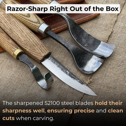 4-piece spoon carving tool set with leather roll by Sharky Forged Steel Tools