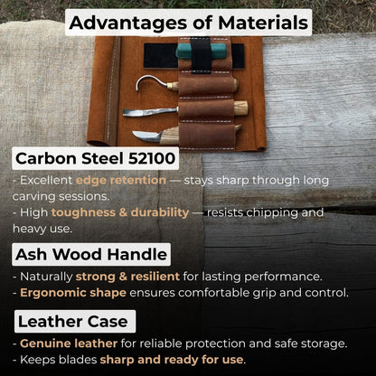 4-piece spoon carving tool set with sharpening board and leather case by Sharky Forged Steel Tools