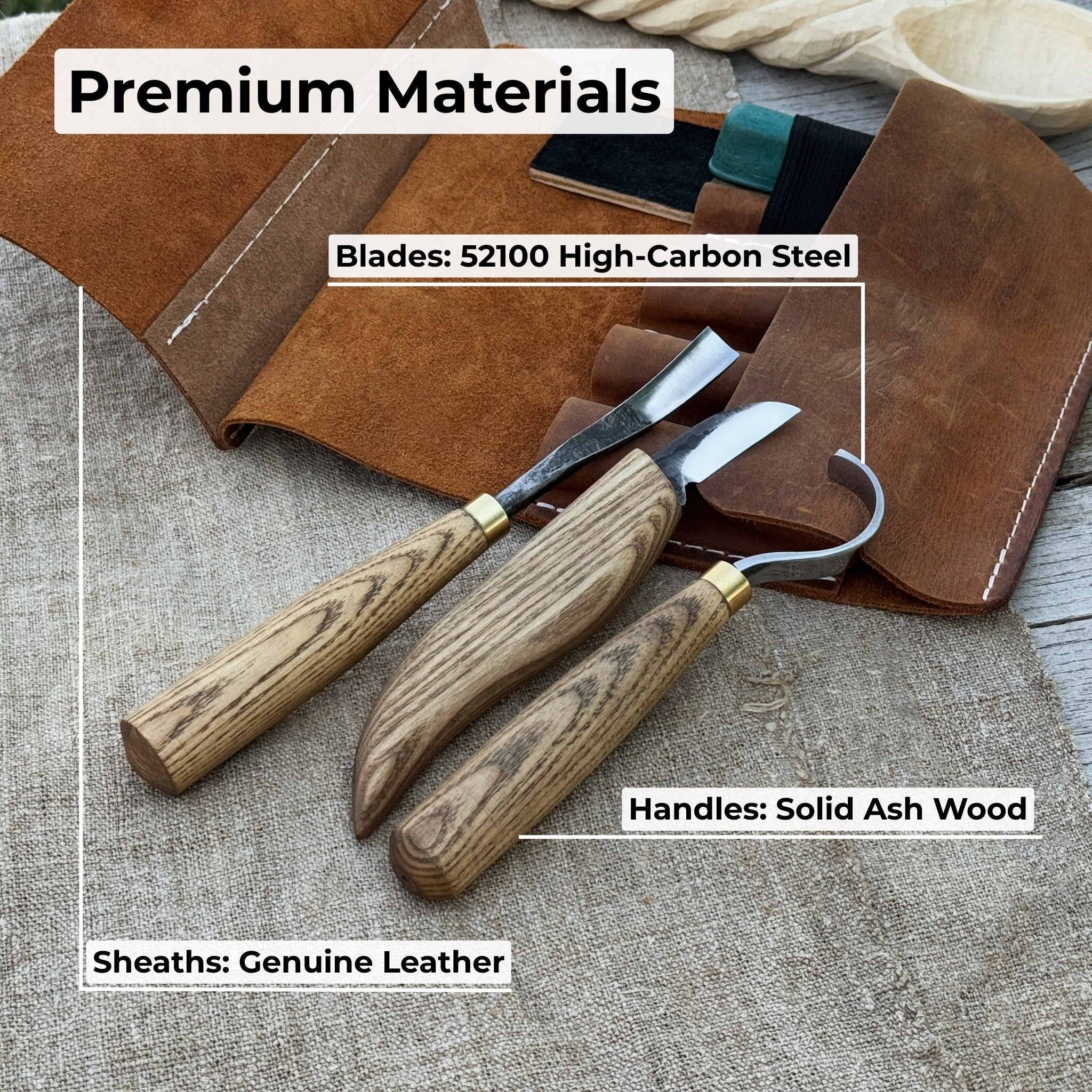 4-piece spoon carving tool set with sharpening board and leather case by Sharky Forged Steel Tools